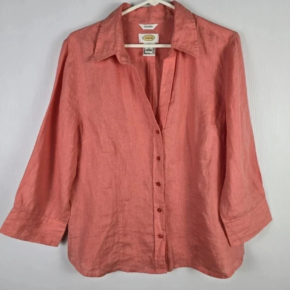 Talbots women's 100% linen coral 3/4 sleeve full button-up blouse size L - Picture 1 of 6